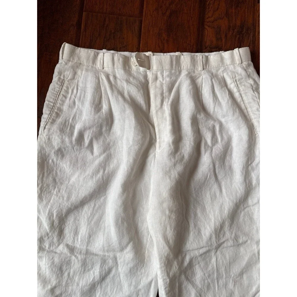 100% Linen White Flat Front Pants Size 42W Lined Wide Leg Summer Resort